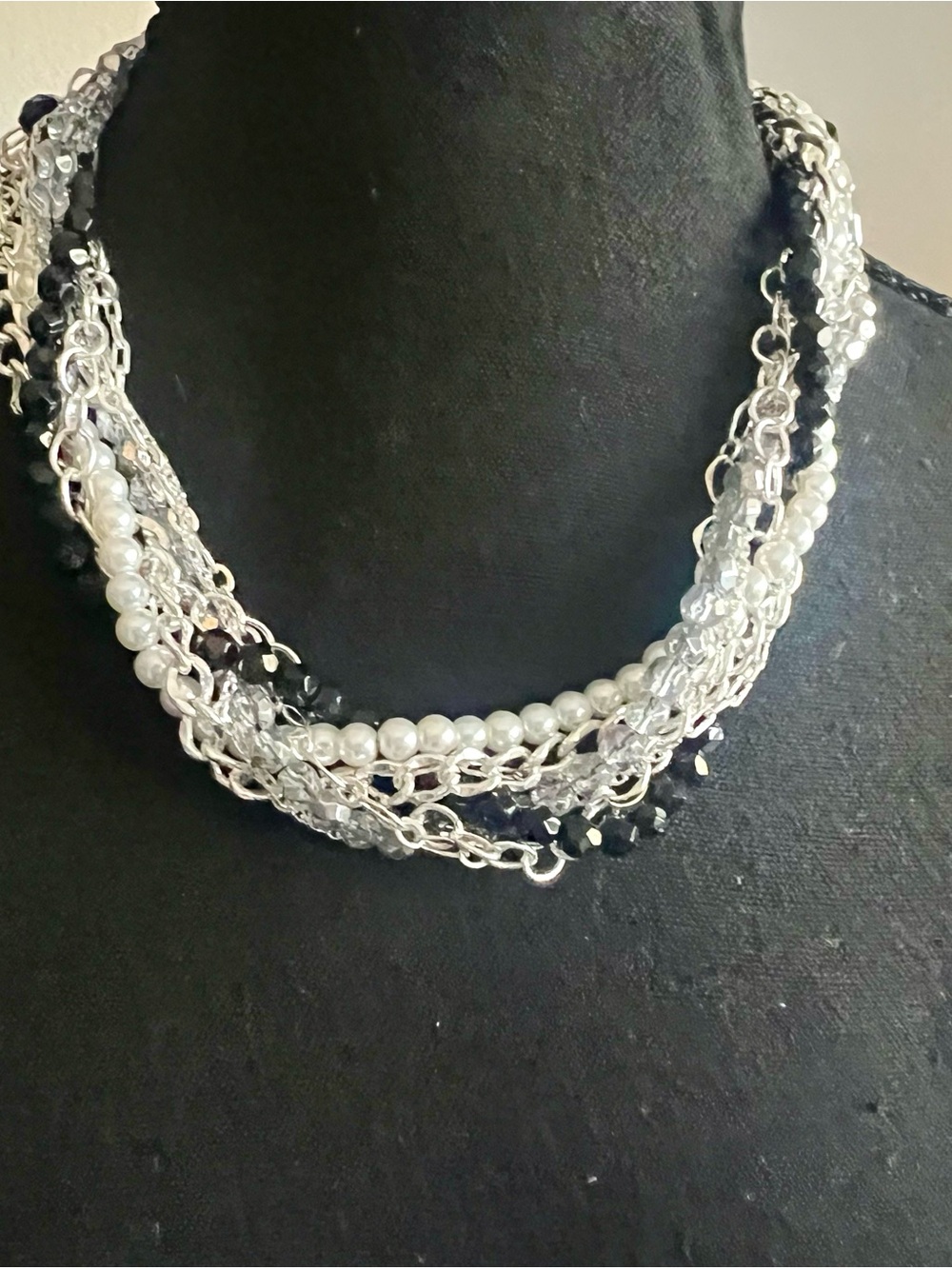 Multi-Strand Black & White Beaded Statement Necklace With Lobster Claw Clasp
